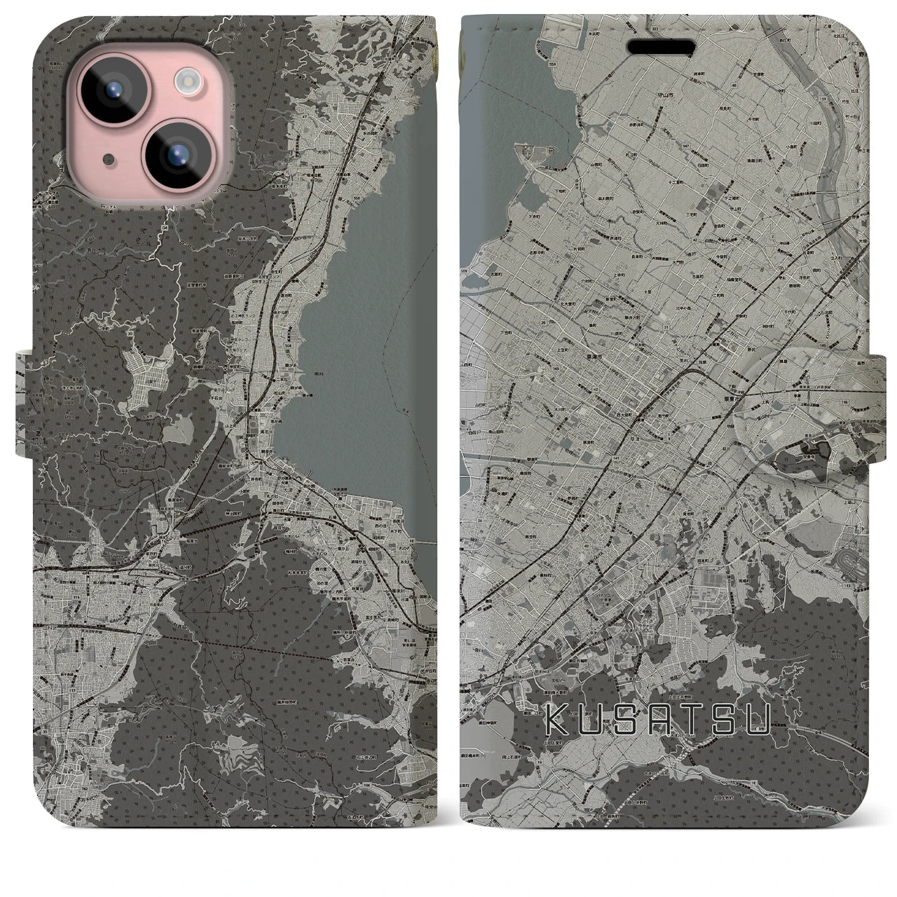 【草津(滋賀県)】地図柄iPhoneケース(手帳タイプ)モノトーン・iPhone 15 Plus 用