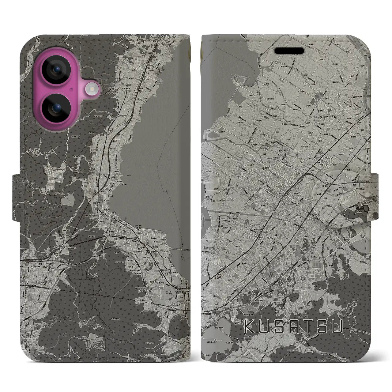 【草津(滋賀県)】地図柄iPhoneケース(手帳タイプ)モノトーン・iPhone 16 Pro 用