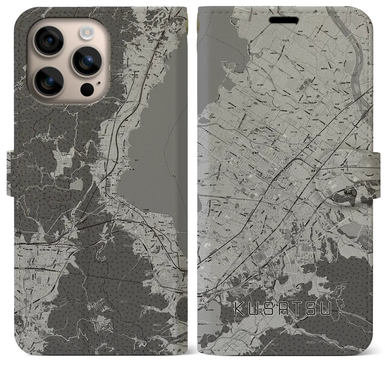 【草津(滋賀県)】地図柄iPhoneケース(手帳タイプ)モノトーン・iPhone 16 Plus 用
