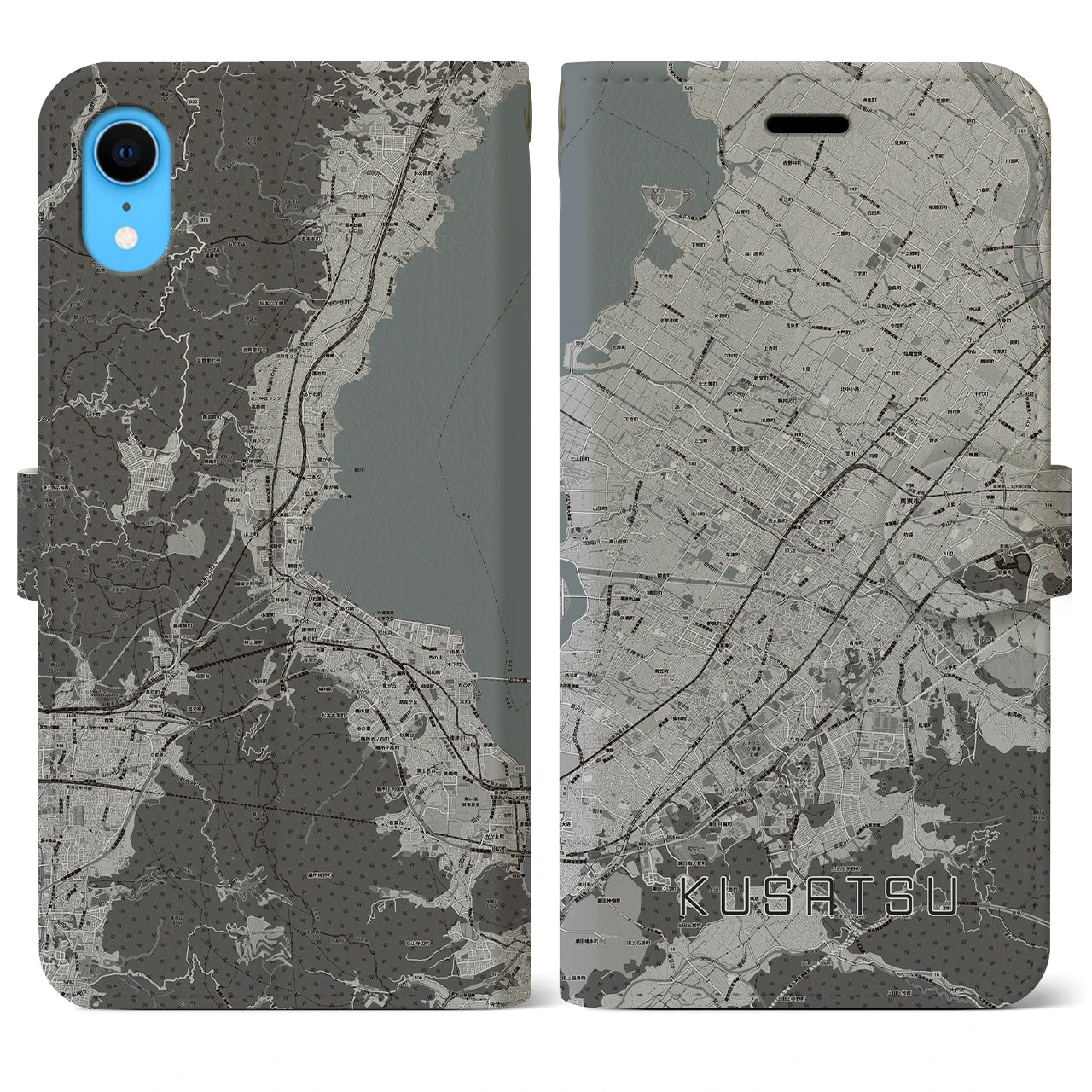 【草津(滋賀県)】地図柄iPhoneケース(手帳タイプ)モノトーン・iPhone XR 用
