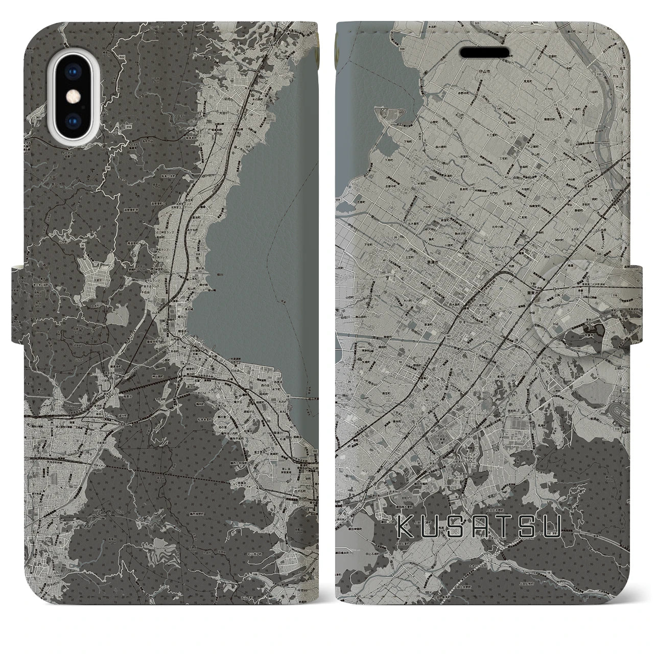 【草津(滋賀県)】地図柄iPhoneケース(手帳タイプ)モノトーン・iPhone XS Max 用