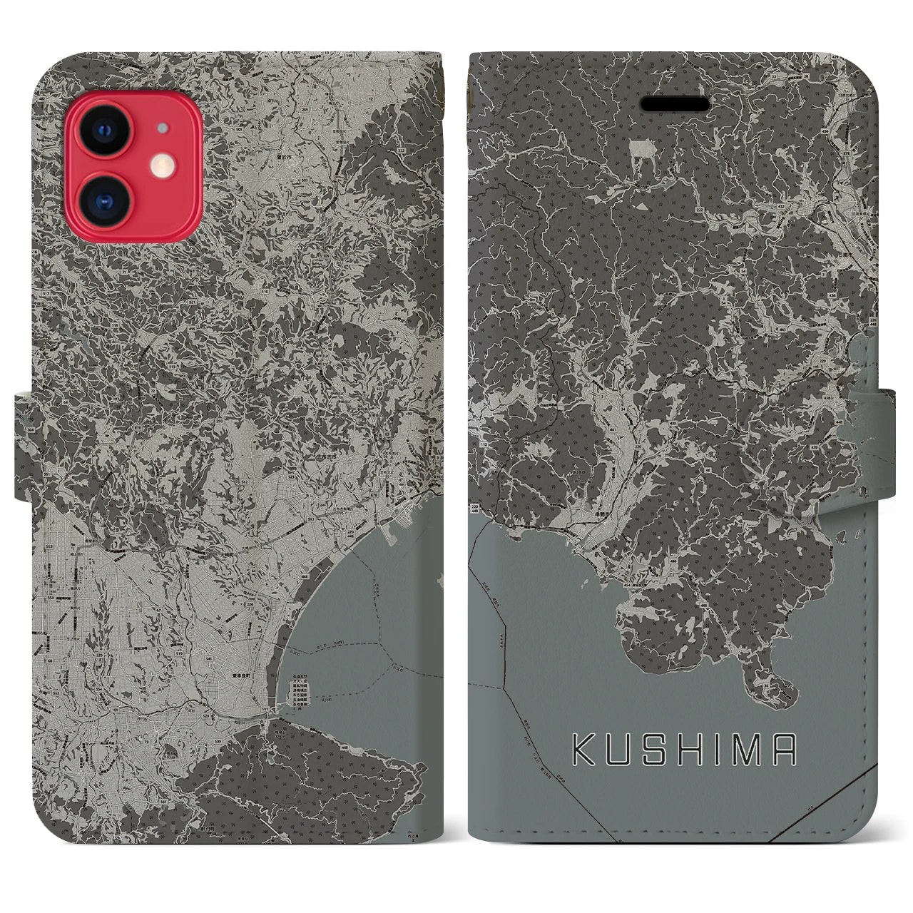 【串間(宮崎県)】地図柄iPhoneケース(手帳タイプ)モノトーン・iPhone 11 用