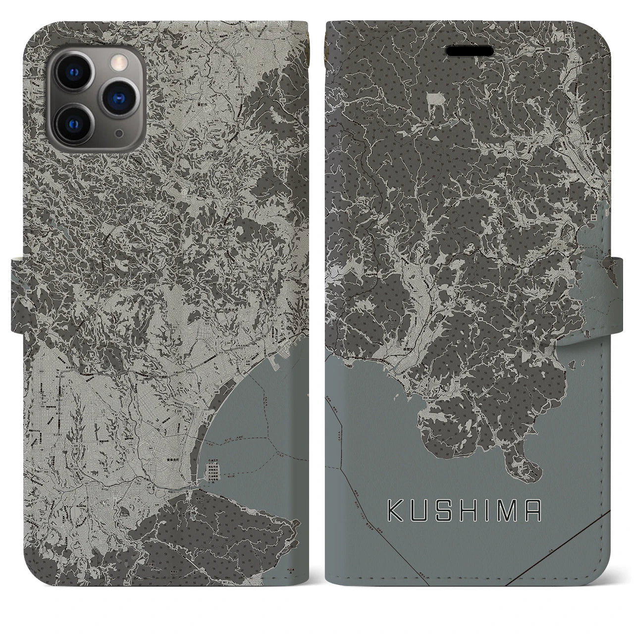 【串間(宮崎県)】地図柄iPhoneケース(手帳タイプ)モノトーン・iPhone 11 Pro Max 用