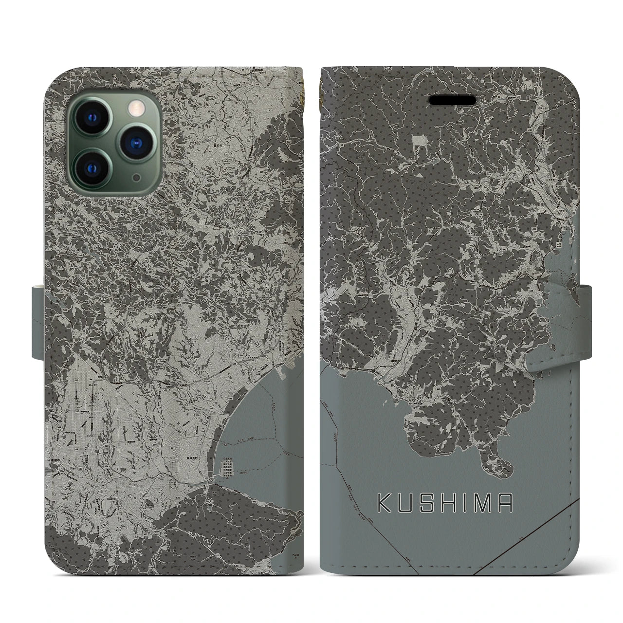 【串間(宮崎県)】地図柄iPhoneケース(手帳タイプ)モノトーン・iPhone 11 Pro 用