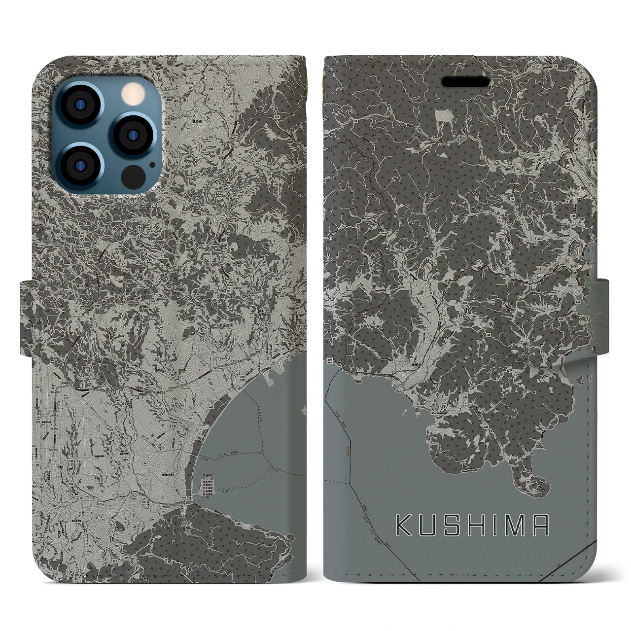 【串間(宮崎県)】地図柄iPhoneケース(手帳タイプ)モノトーン・iPhone 12 / 12 Pro 用