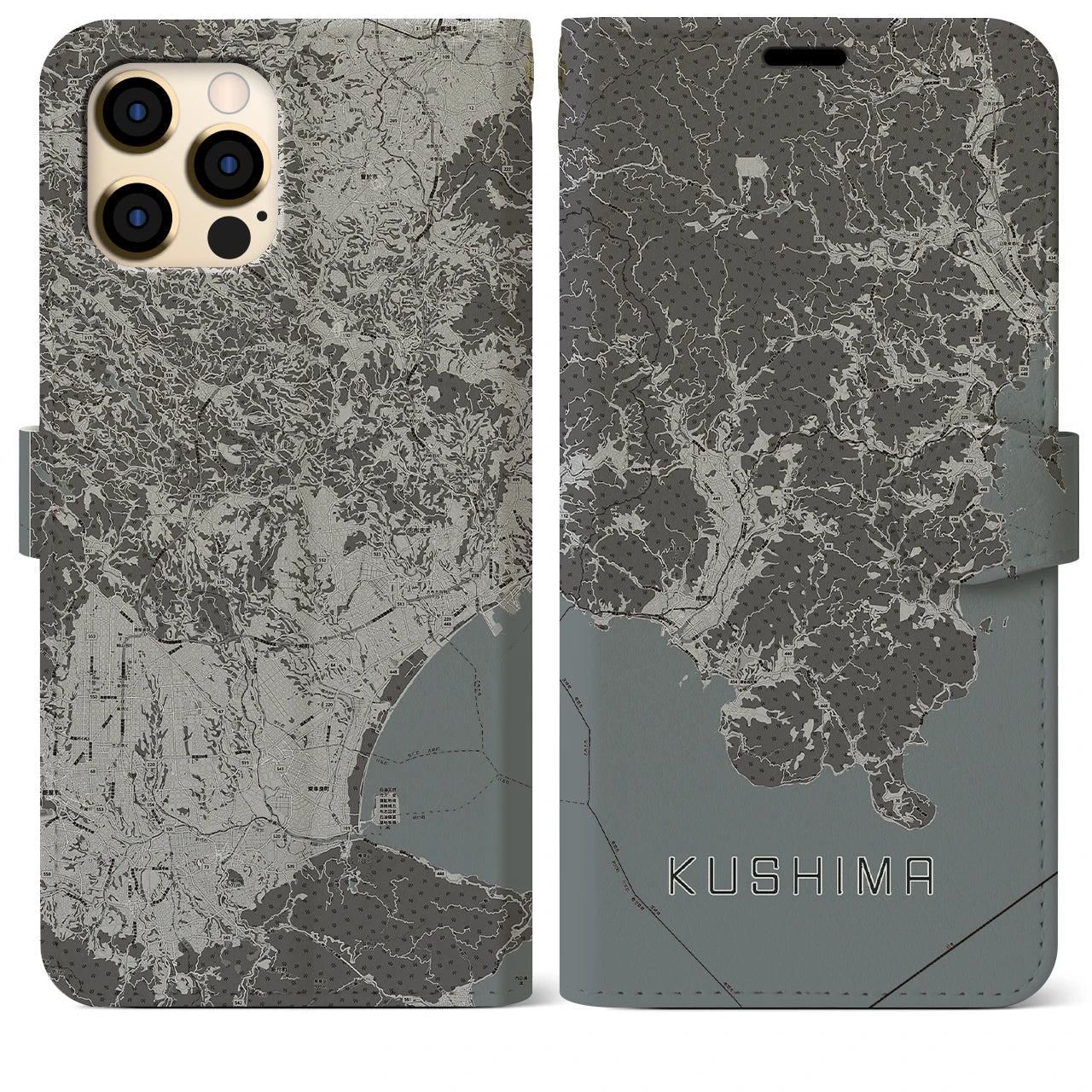 【串間(宮崎県)】地図柄iPhoneケース(手帳タイプ)モノトーン・iPhone 12 Pro Max 用