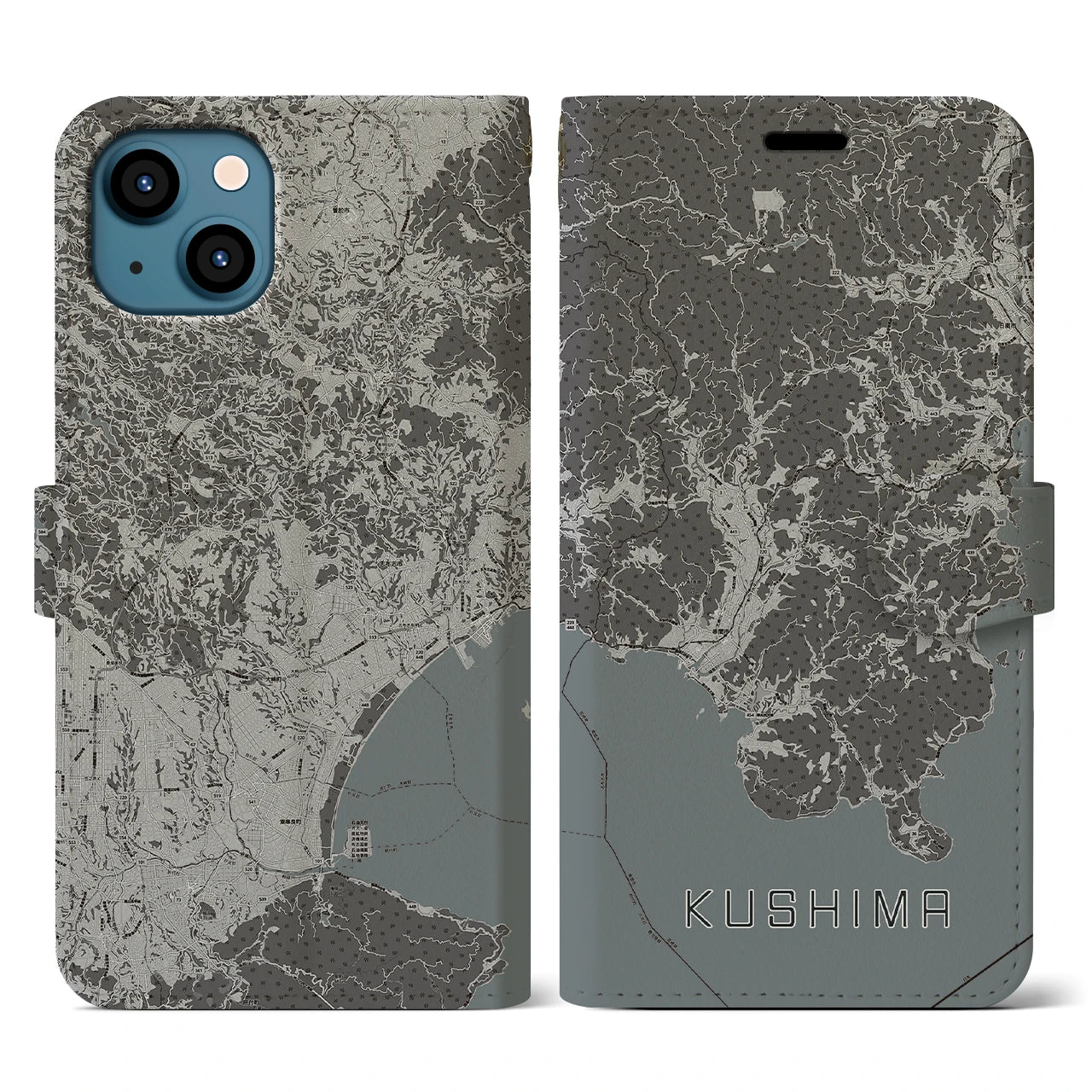 【串間(宮崎県)】地図柄iPhoneケース(手帳タイプ)モノトーン・iPhone 13 用