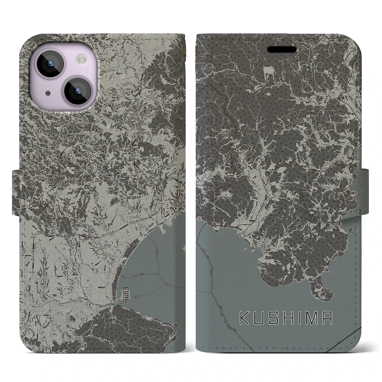 【串間(宮崎県)】地図柄iPhoneケース(手帳タイプ)モノトーン・iPhone 14 用