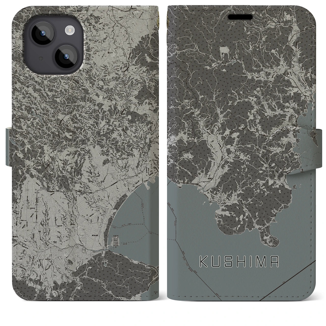 【串間(宮崎県)】地図柄iPhoneケース(手帳タイプ)モノトーン・iPhone 14 Plus 用