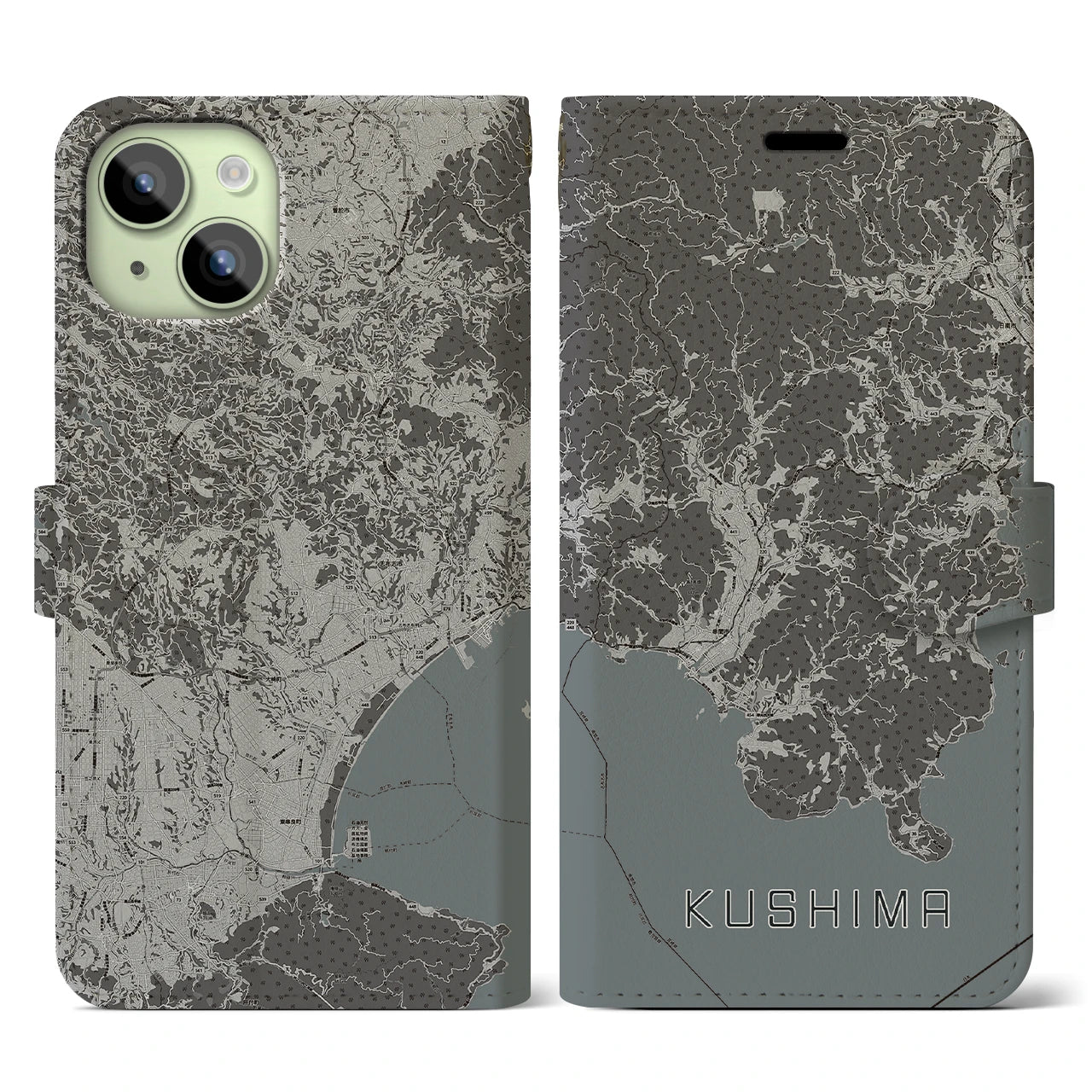 【串間(宮崎県)】地図柄iPhoneケース(手帳タイプ)モノトーン・iPhone 15 用