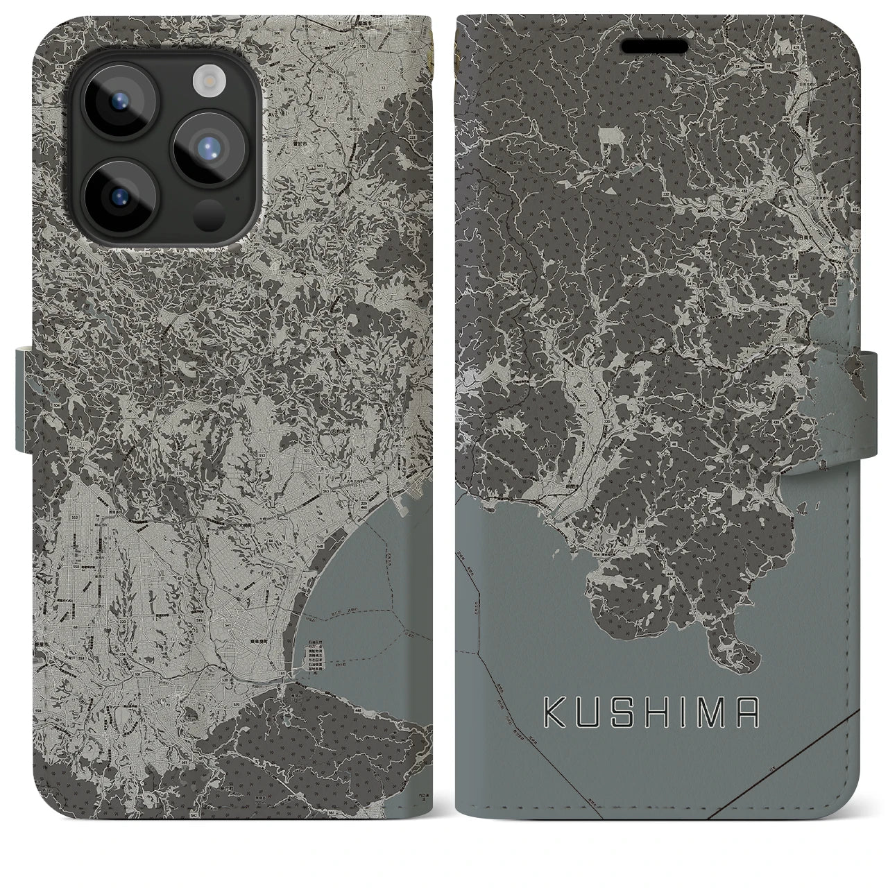 【串間(宮崎県)】地図柄iPhoneケース(手帳タイプ)モノトーン・iPhone 15 Pro Max 用