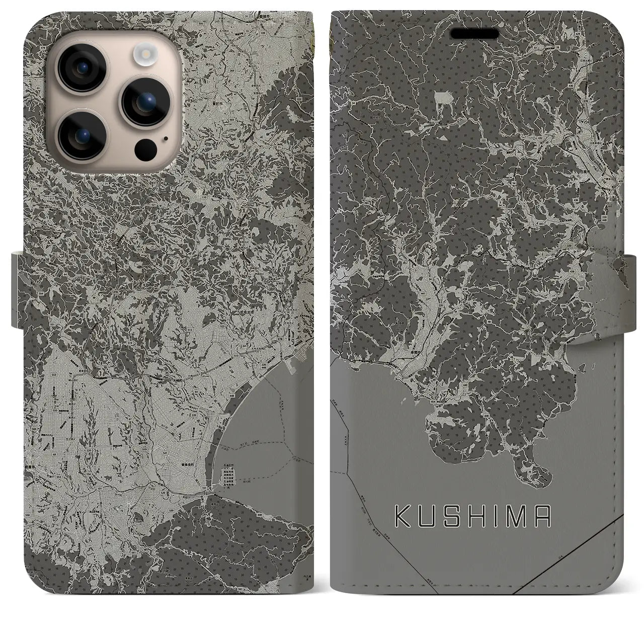 【串間(宮崎県)】地図柄iPhoneケース(手帳タイプ)モノトーン・iPhone 16 Plus 用