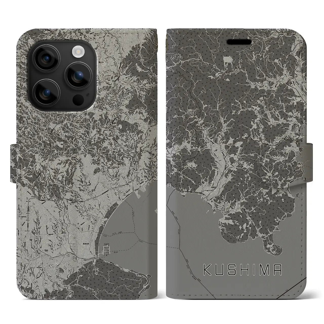 【串間(宮崎県)】地図柄iPhoneケース(手帳タイプ)モノトーン・iPhone 16 用