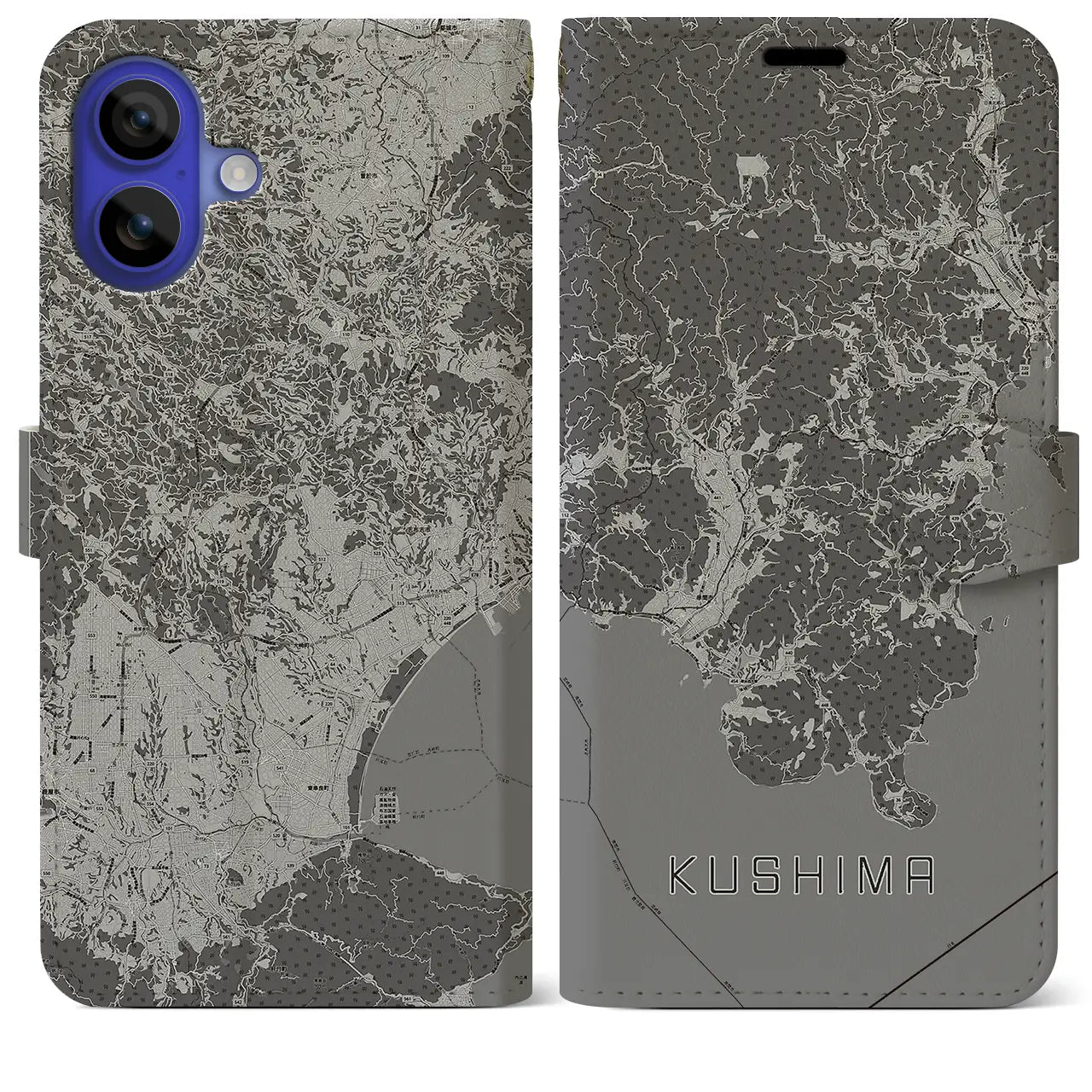 【串間(宮崎県)】地図柄iPhoneケース(手帳タイプ)モノトーン・iPhone 16 Pro Max 用