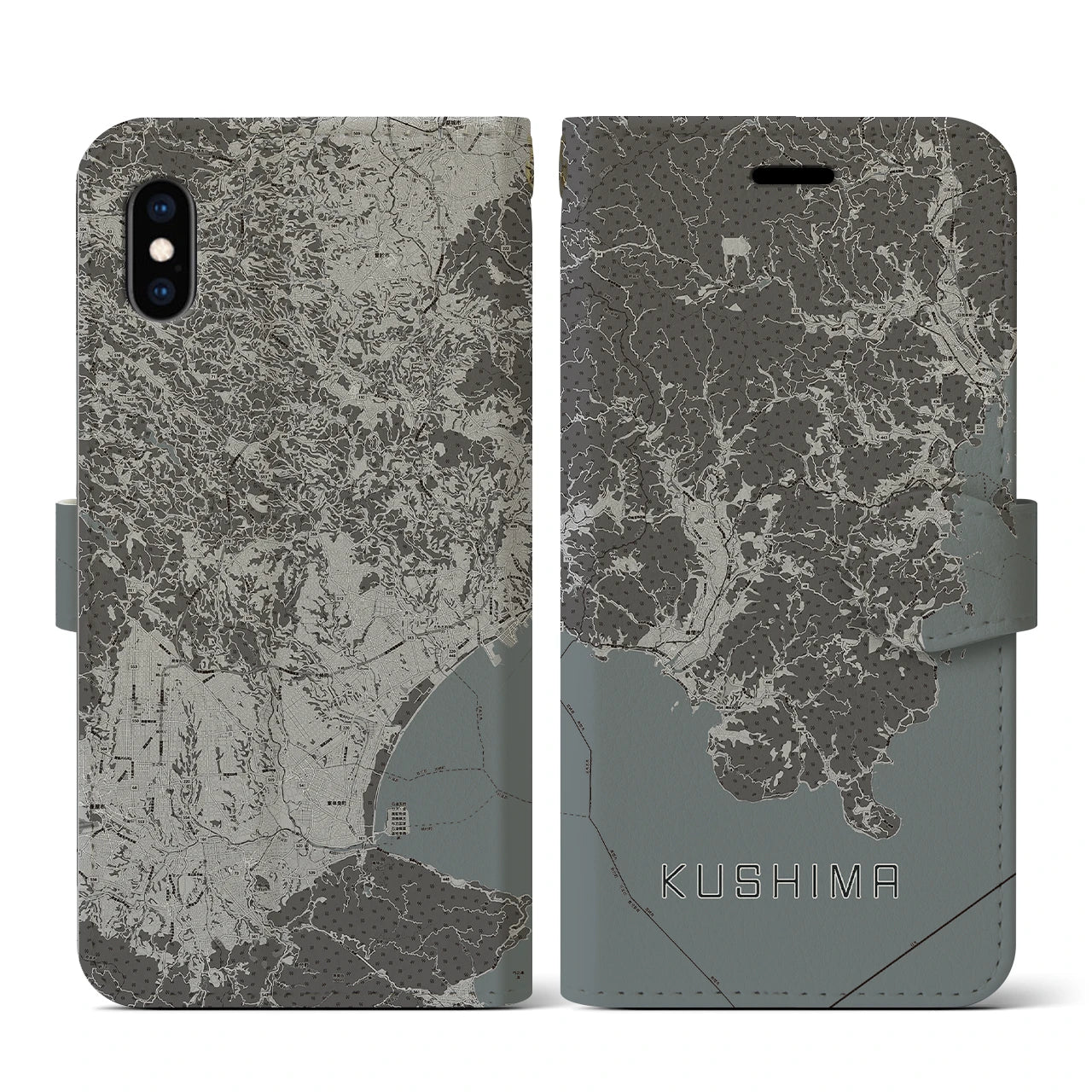 【串間(宮崎県)】地図柄iPhoneケース(手帳タイプ)モノトーン・iPhone XS / X 用