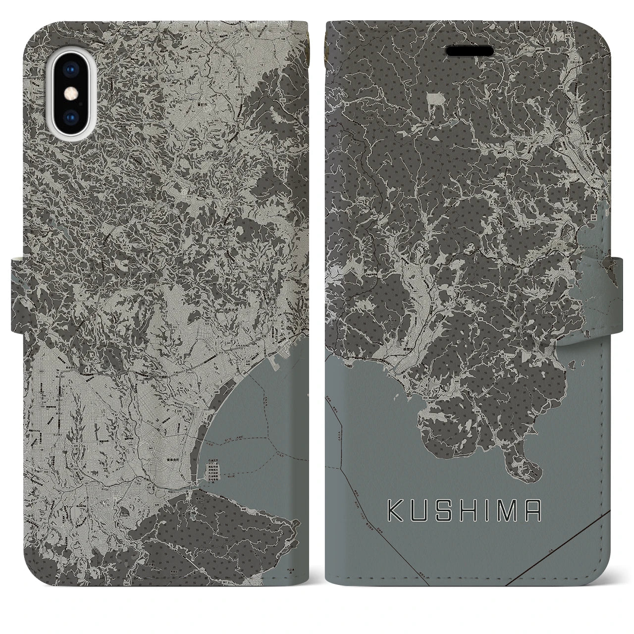 【串間(宮崎県)】地図柄iPhoneケース(手帳タイプ)モノトーン・iPhone XS Max 用