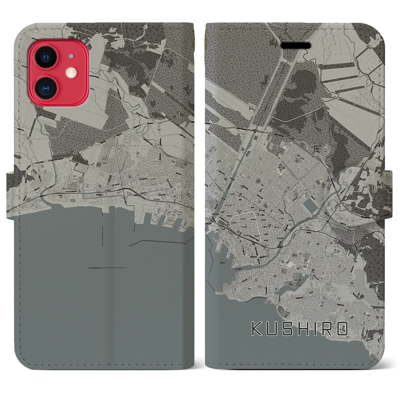 【釧路(北海道)】地図柄iPhoneケース(手帳タイプ)モノトーン・iPhone 11 用