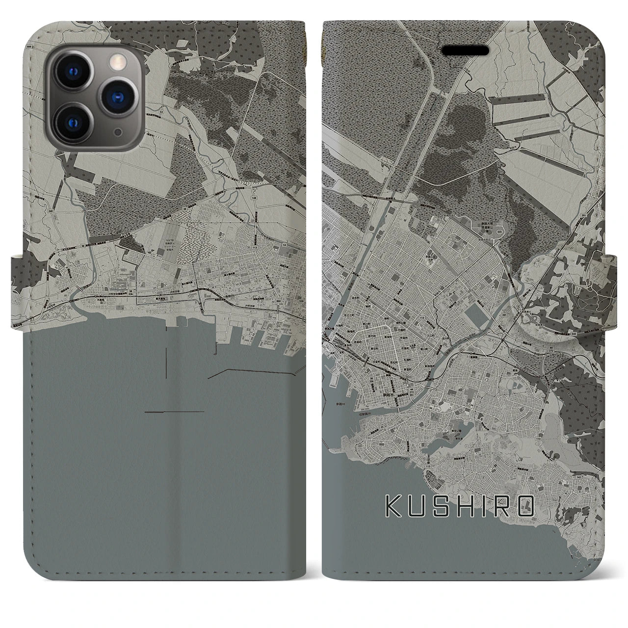 【釧路(北海道)】地図柄iPhoneケース(手帳タイプ)モノトーン・iPhone 11 Pro Max 用