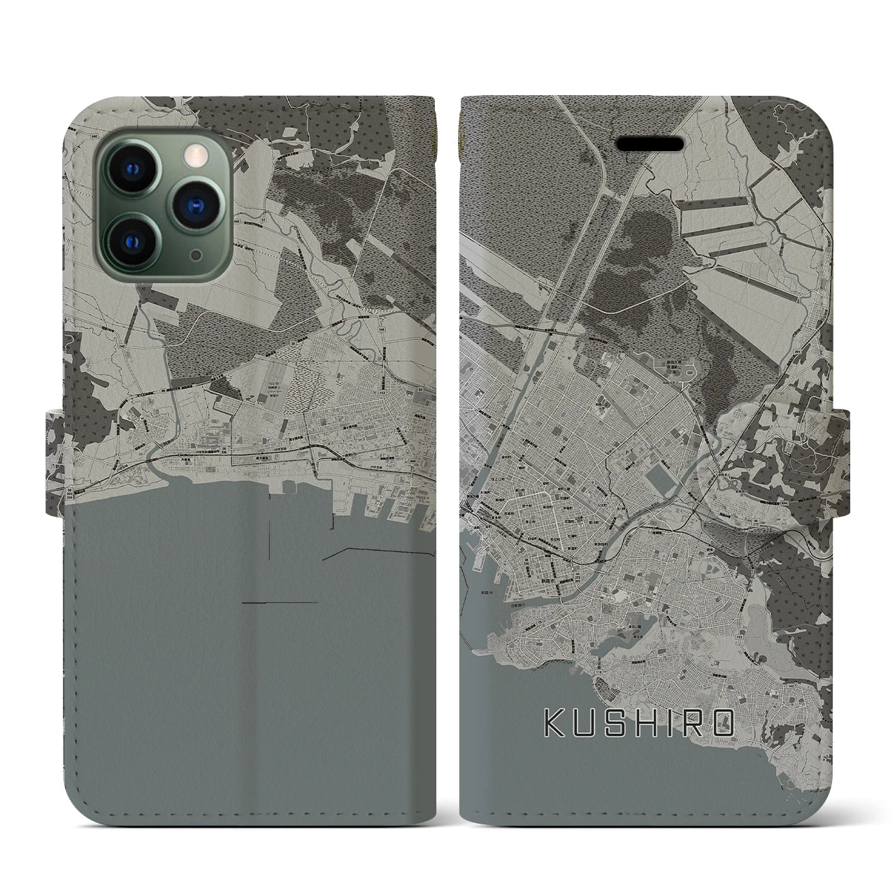 【釧路(北海道)】地図柄iPhoneケース(手帳タイプ)モノトーン・iPhone 11 Pro 用