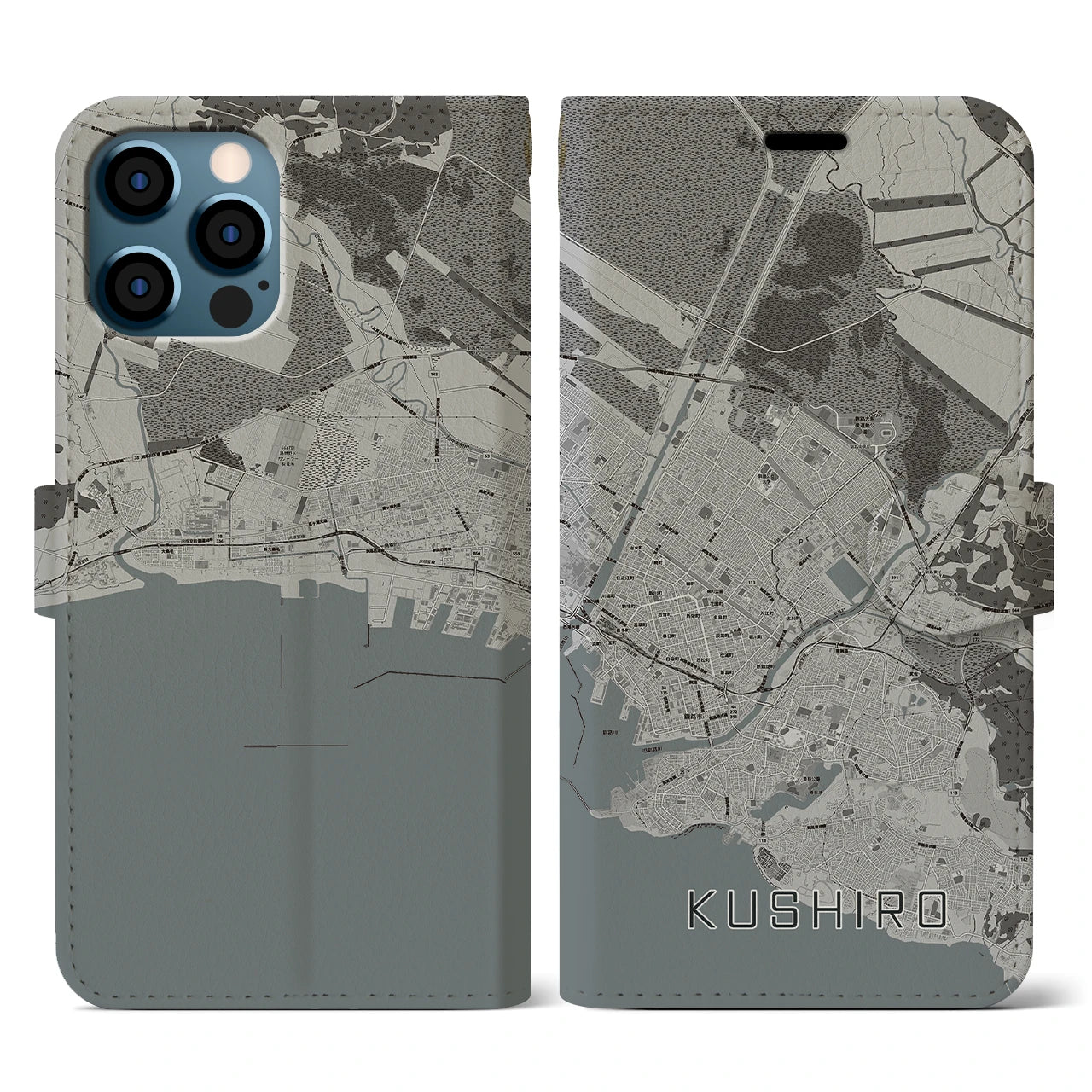 【釧路(北海道)】地図柄iPhoneケース(手帳タイプ)モノトーン・iPhone 12 / 12 Pro 用