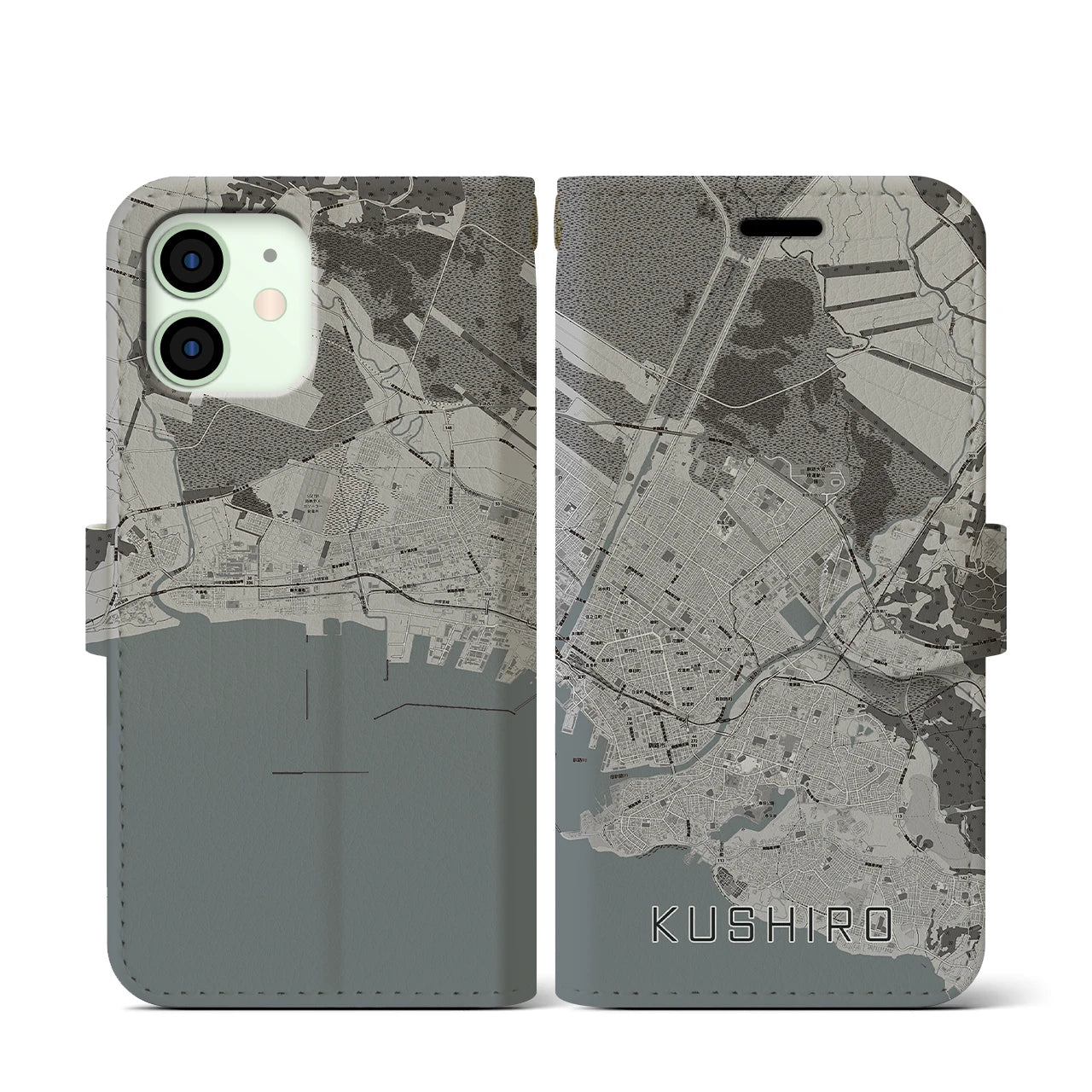 【釧路(北海道)】地図柄iPhoneケース(手帳タイプ)モノトーン・iPhone 12 mini 用