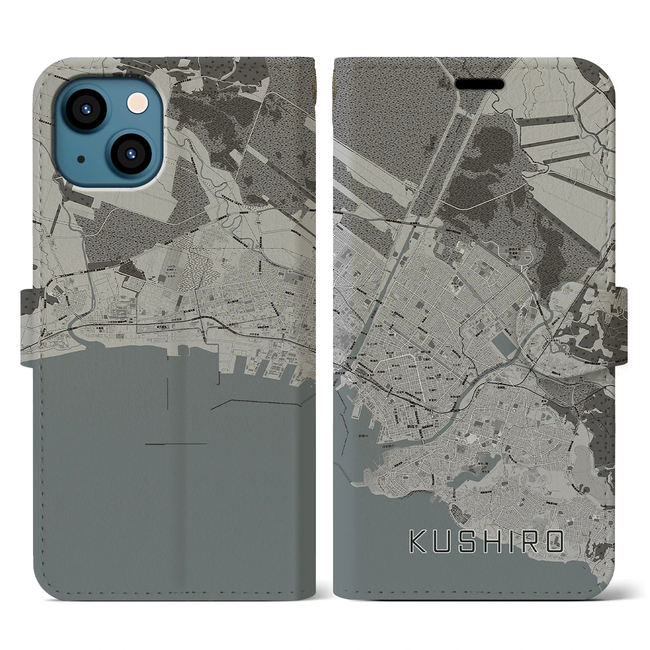 【釧路(北海道)】地図柄iPhoneケース(手帳タイプ)モノトーン・iPhone 13 用