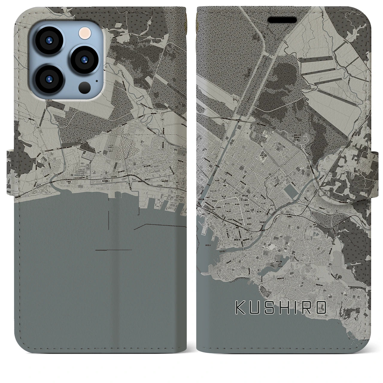 【釧路(北海道)】地図柄iPhoneケース(手帳タイプ)モノトーン・iPhone 13 Pro Max 用