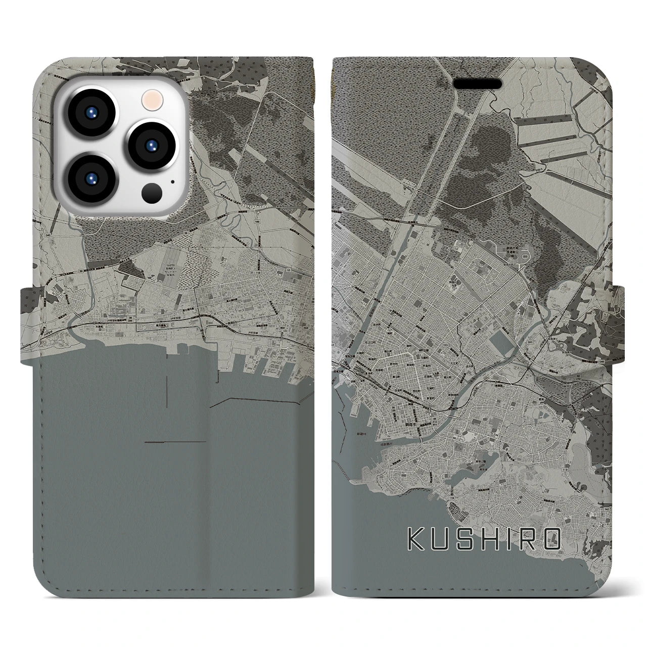 【釧路(北海道)】地図柄iPhoneケース(手帳タイプ)モノトーン・iPhone 13 Pro 用