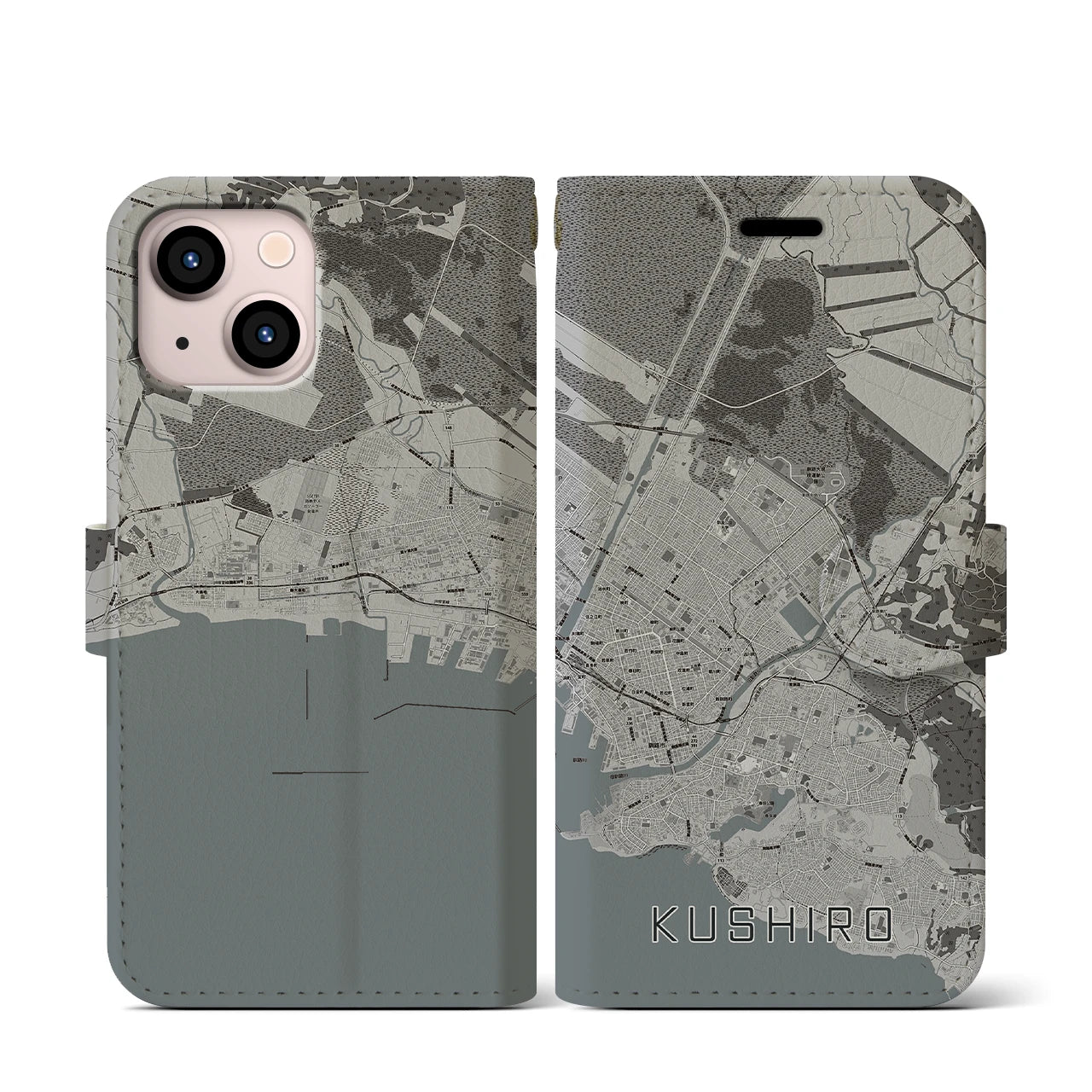 【釧路(北海道)】地図柄iPhoneケース(手帳タイプ)モノトーン・iPhone 13 mini 用
