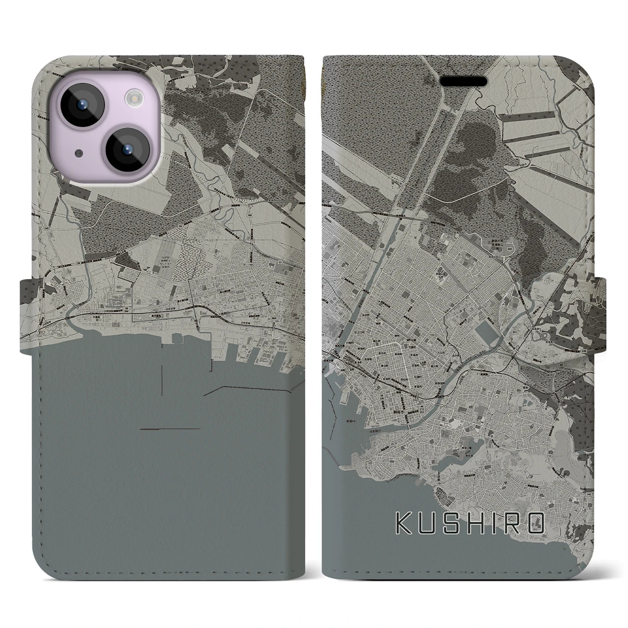 【釧路(北海道)】地図柄iPhoneケース(手帳タイプ)モノトーン・iPhone 14 用