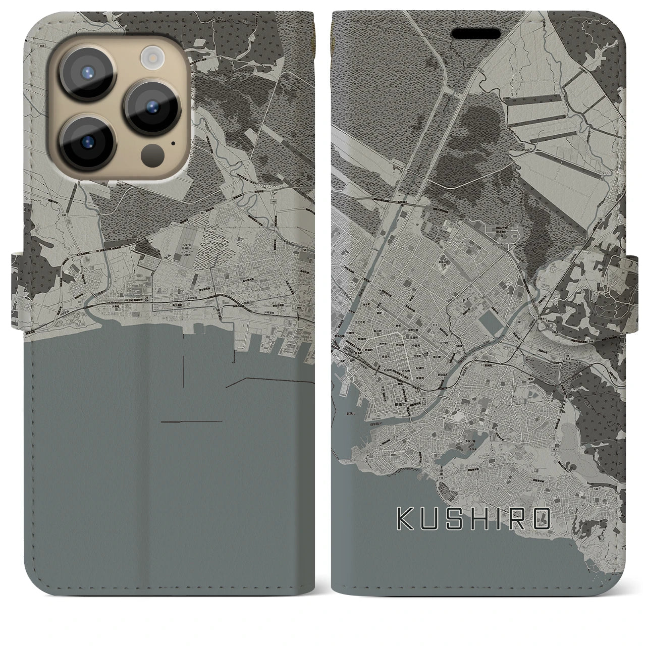 【釧路(北海道)】地図柄iPhoneケース(手帳タイプ)モノトーン・iPhone 14 Pro Max 用
