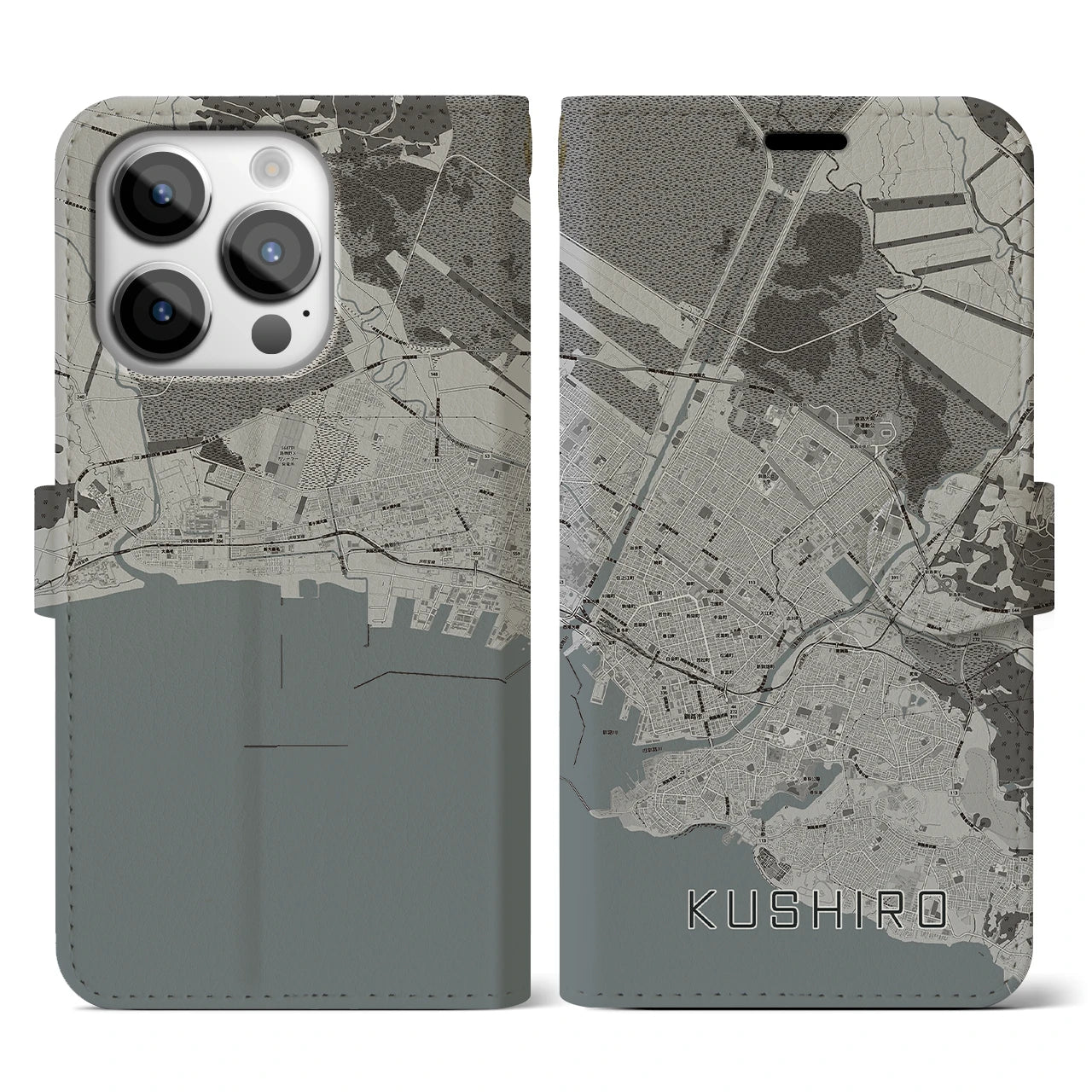 【釧路(北海道)】地図柄iPhoneケース(手帳タイプ)モノトーン・iPhone 14 Pro 用