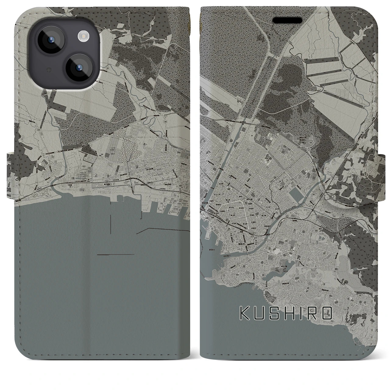 【釧路(北海道)】地図柄iPhoneケース(手帳タイプ)モノトーン・iPhone 14 Plus 用