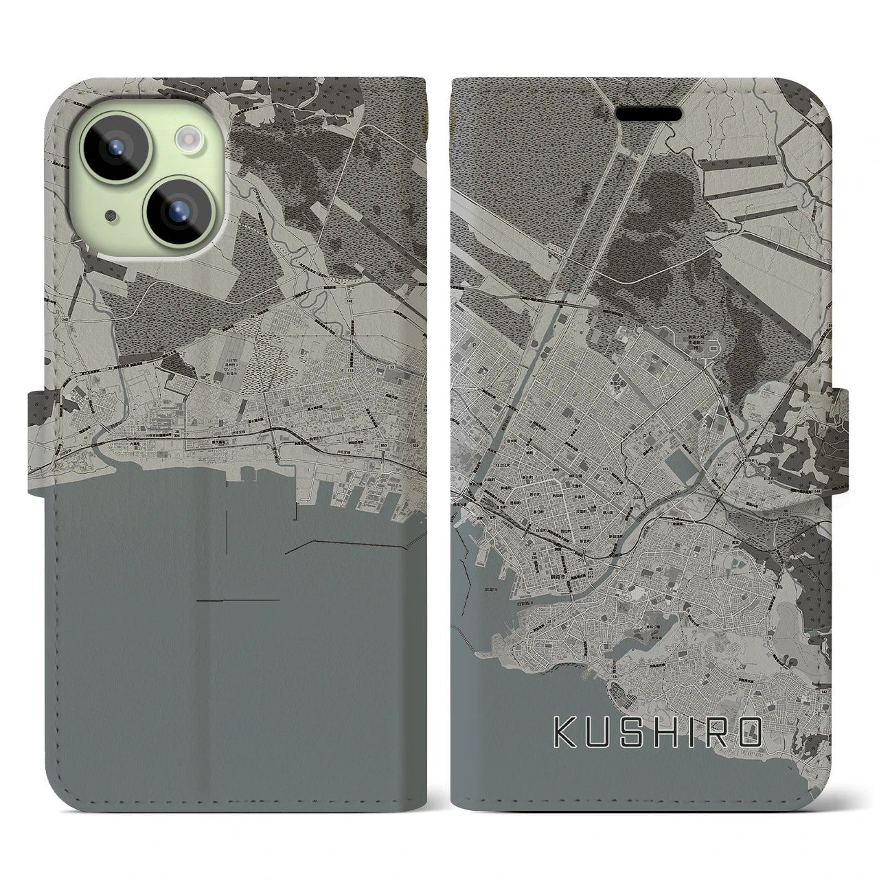 【釧路(北海道)】地図柄iPhoneケース(手帳タイプ)モノトーン・iPhone 15 用