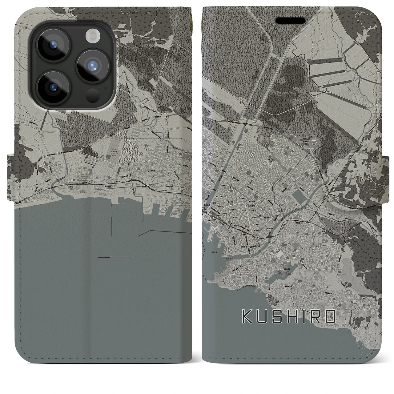 【釧路(北海道)】地図柄iPhoneケース(手帳タイプ)モノトーン・iPhone 15 Pro Max 用