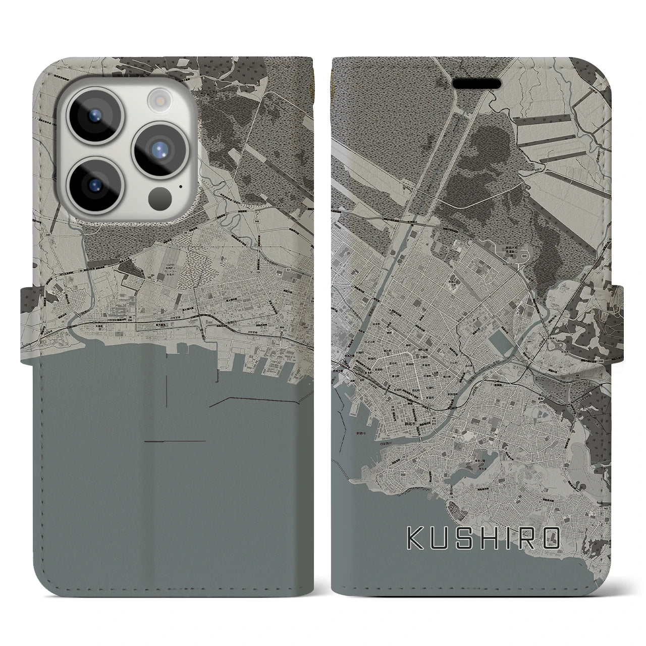 【釧路(北海道)】地図柄iPhoneケース(手帳タイプ)モノトーン・iPhone 15 Pro 用