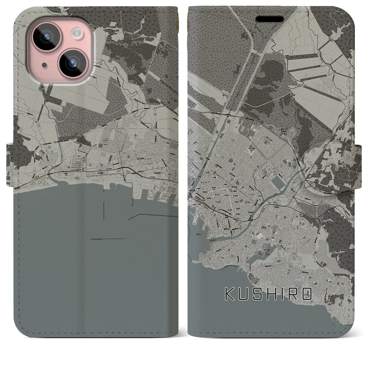 【釧路(北海道)】地図柄iPhoneケース(手帳タイプ)モノトーン・iPhone 15 Plus 用