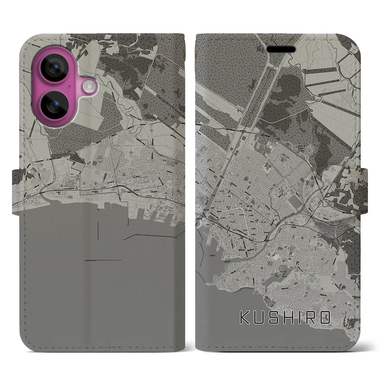 【釧路(北海道)】地図柄iPhoneケース(手帳タイプ)モノトーン・iPhone 16 Pro 用