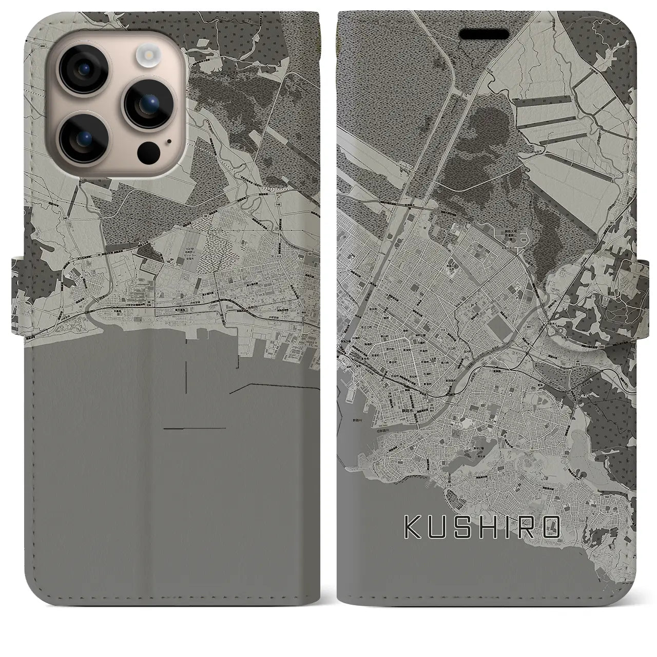 【釧路(北海道)】地図柄iPhoneケース(手帳タイプ)モノトーン・iPhone 16 Plus 用