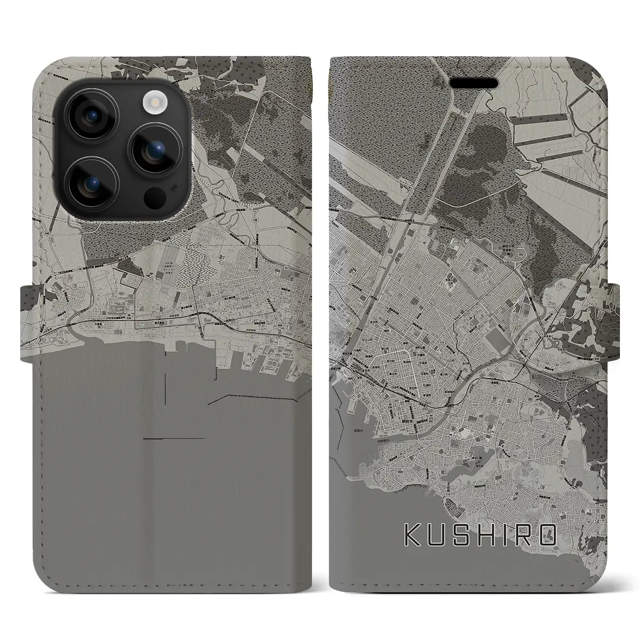 【釧路(北海道)】地図柄iPhoneケース(手帳タイプ)モノトーン・iPhone 16 用