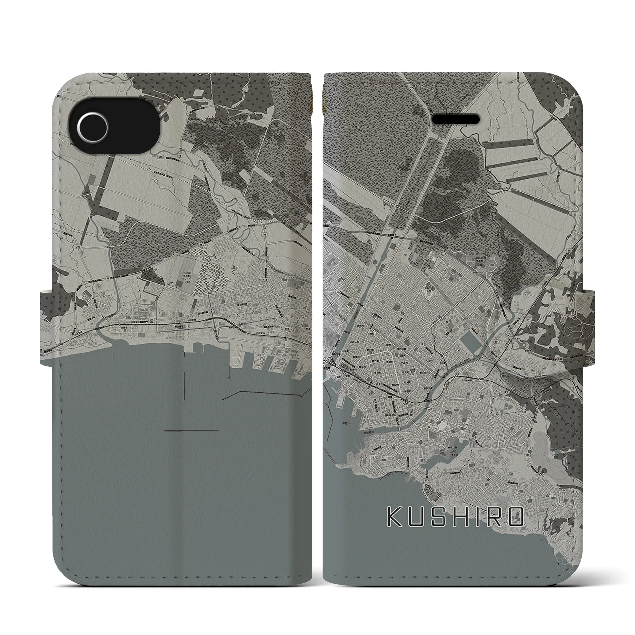 【釧路(北海道)】地図柄iPhoneケース(手帳タイプ)モノトーン・iPhone SE(第3 / 第2世代) / 8 / 7 / 6s / 6 用