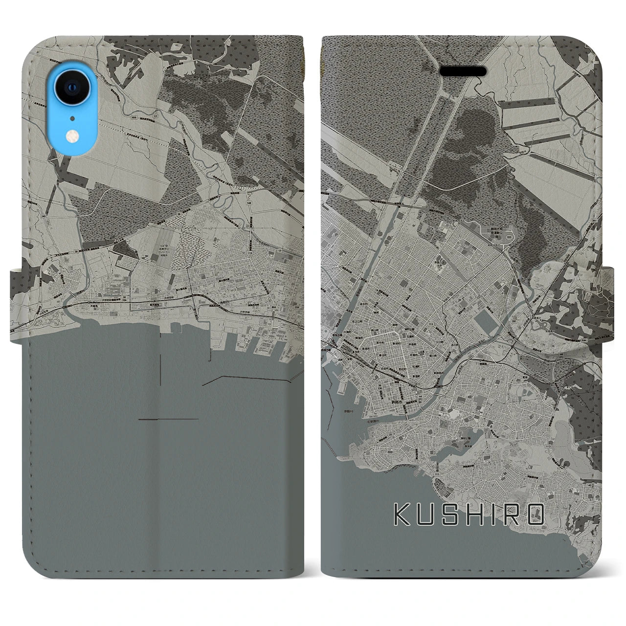 【釧路(北海道)】地図柄iPhoneケース(手帳タイプ)モノトーン・iPhone XR 用