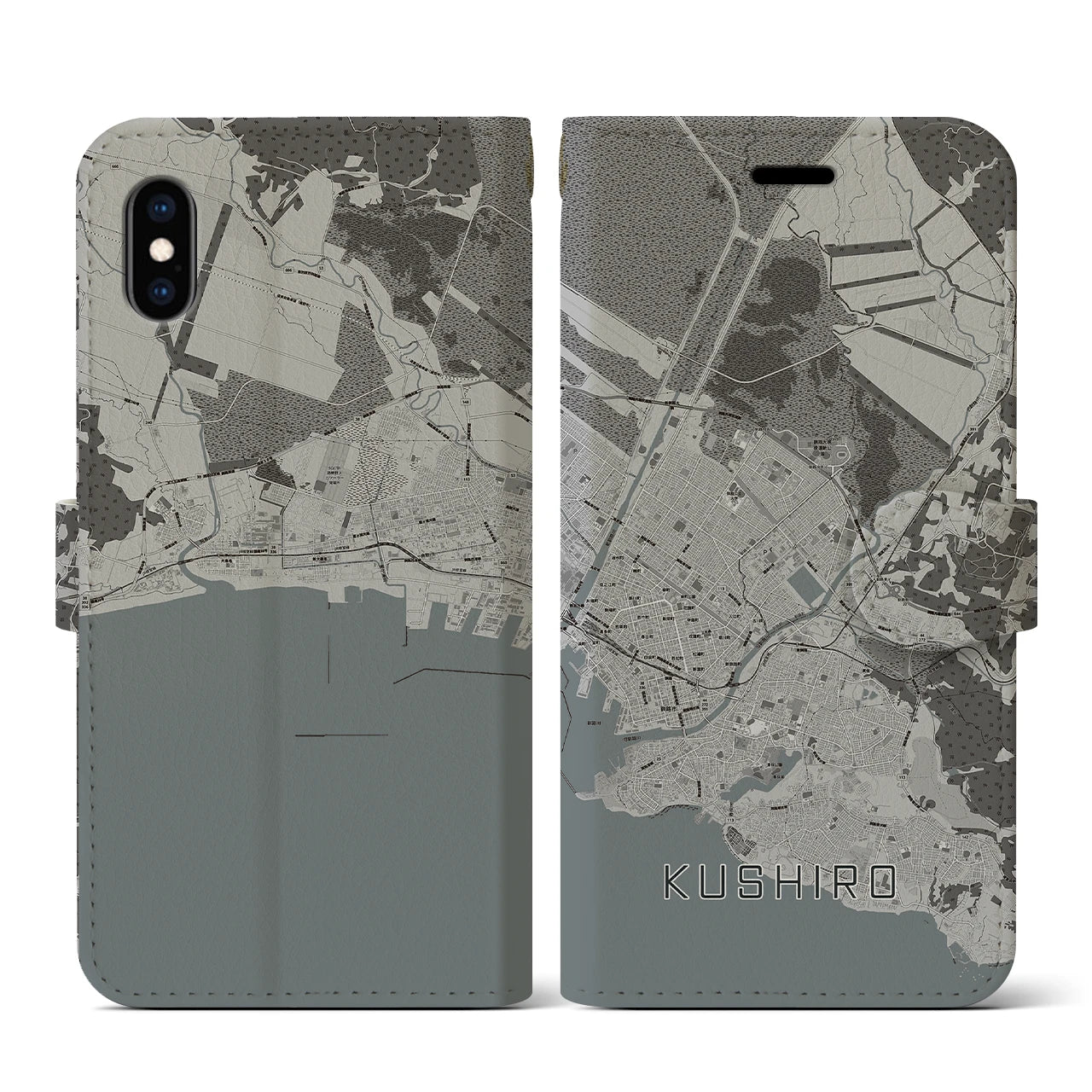 【釧路(北海道)】地図柄iPhoneケース(手帳タイプ)モノトーン・iPhone XS / X 用