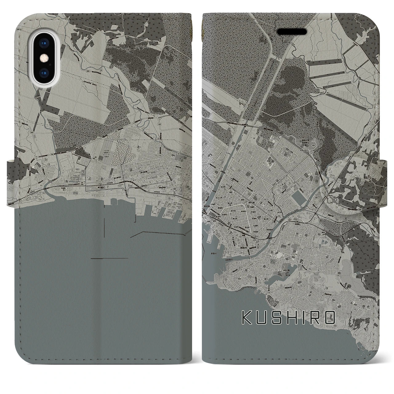 【釧路(北海道)】地図柄iPhoneケース(手帳タイプ)モノトーン・iPhone XS Max 用