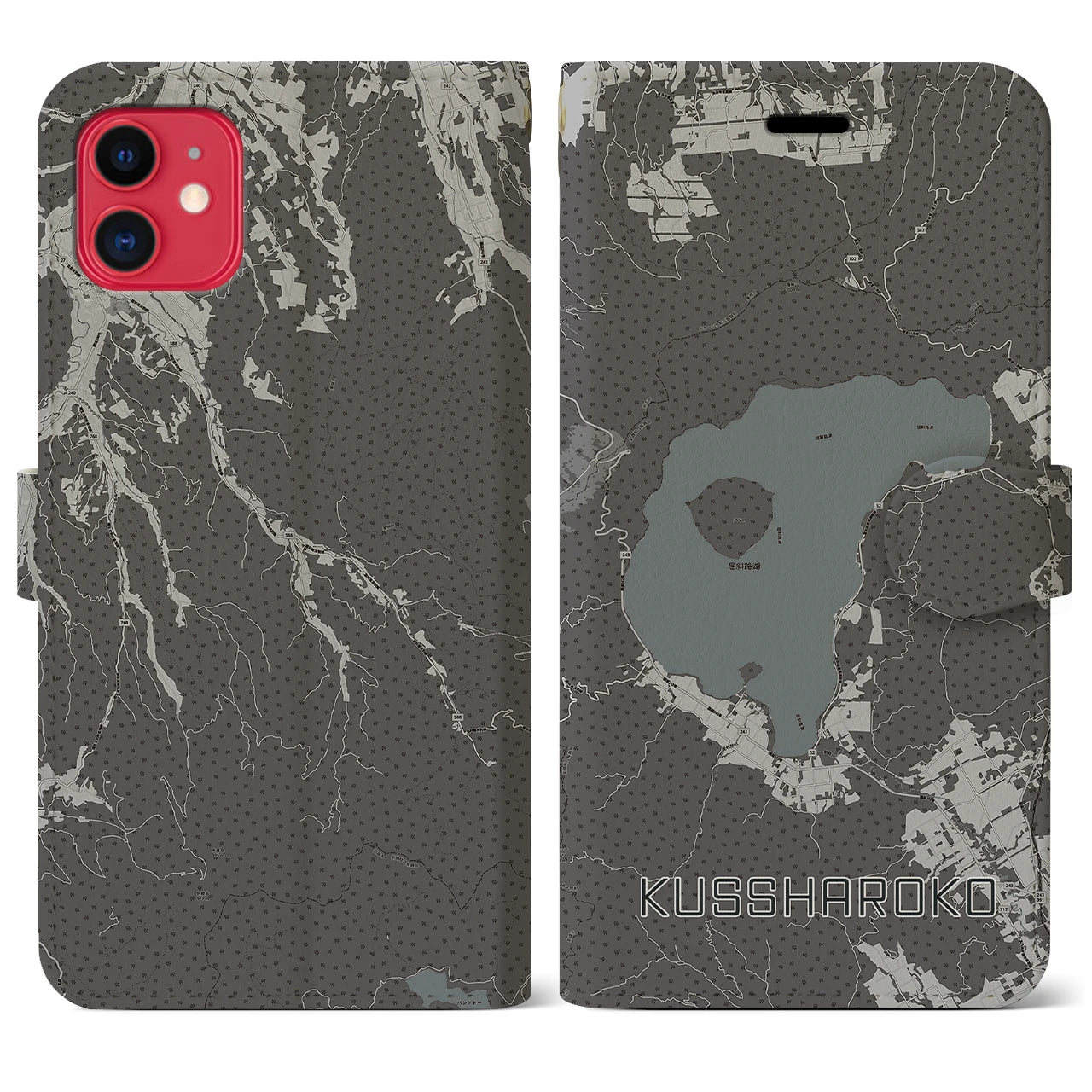 【屈斜路湖(北海道)】地図柄iPhoneケース(手帳タイプ)モノトーン・iPhone 11 用