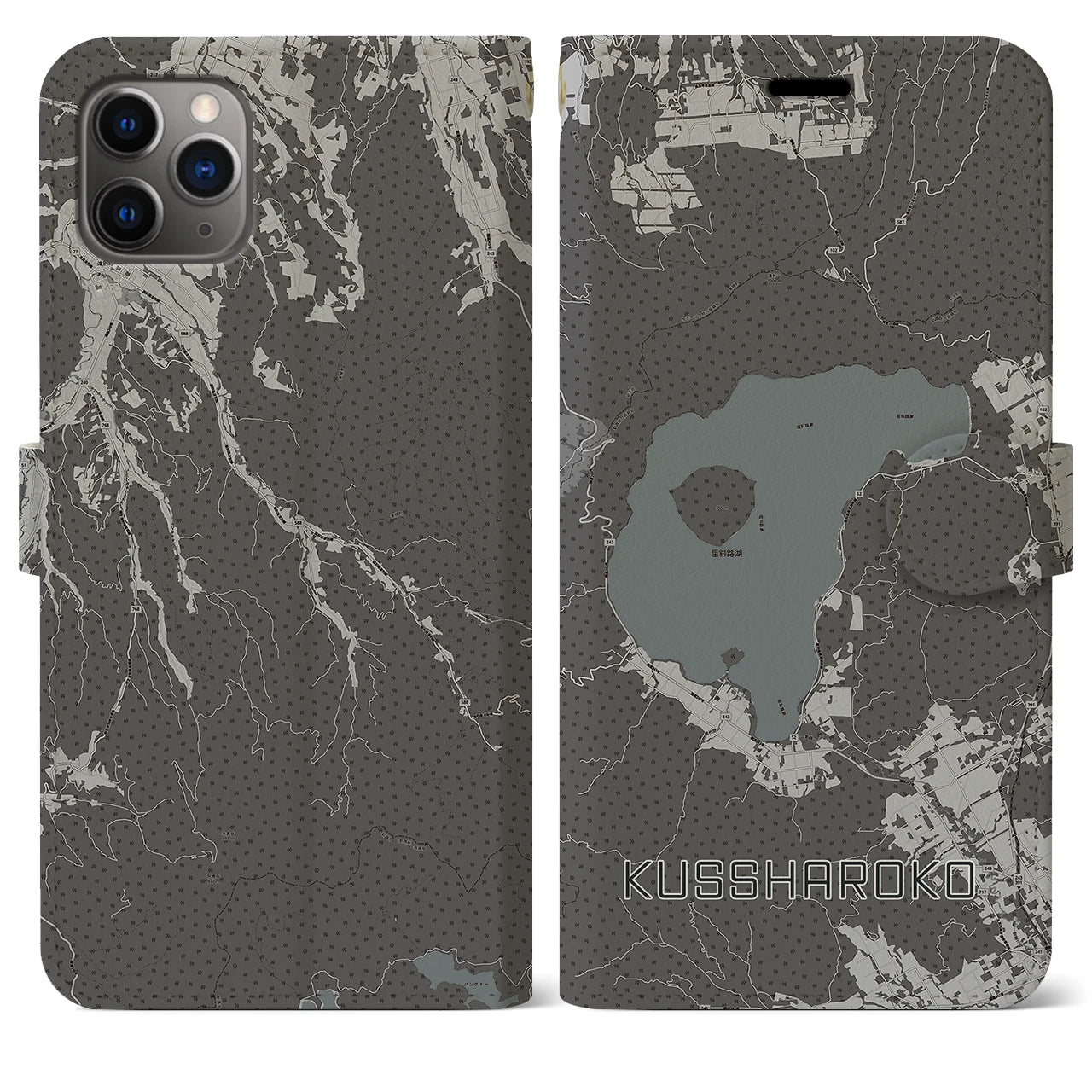 【屈斜路湖(北海道)】地図柄iPhoneケース(手帳タイプ)モノトーン・iPhone 11 Pro Max 用