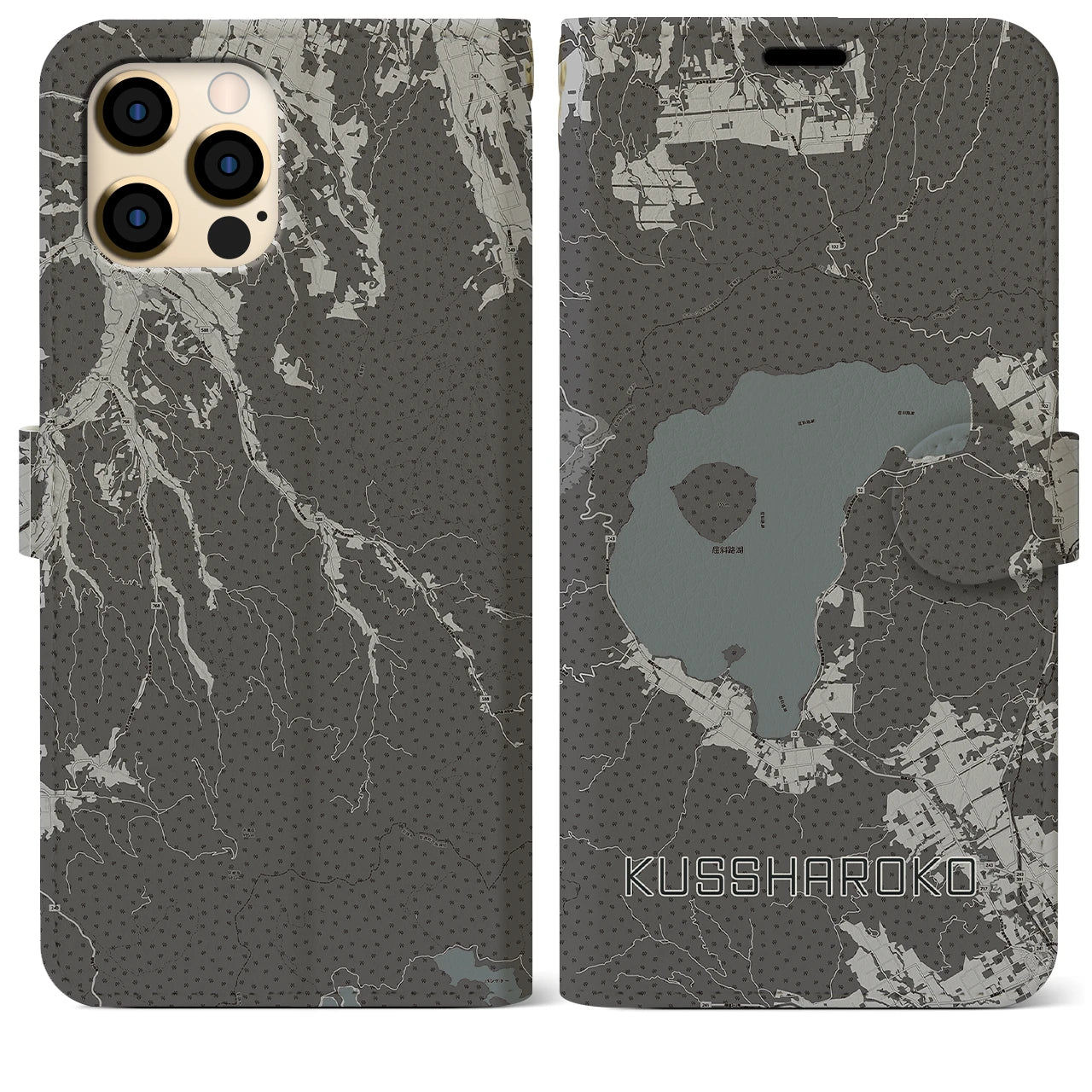 【屈斜路湖(北海道)】地図柄iPhoneケース(手帳タイプ)モノトーン・iPhone 12 Pro Max 用