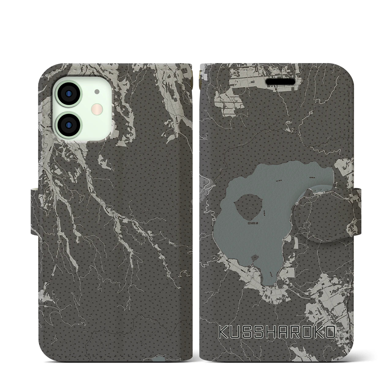 【屈斜路湖(北海道)】地図柄iPhoneケース(手帳タイプ)モノトーン・iPhone 12 mini 用