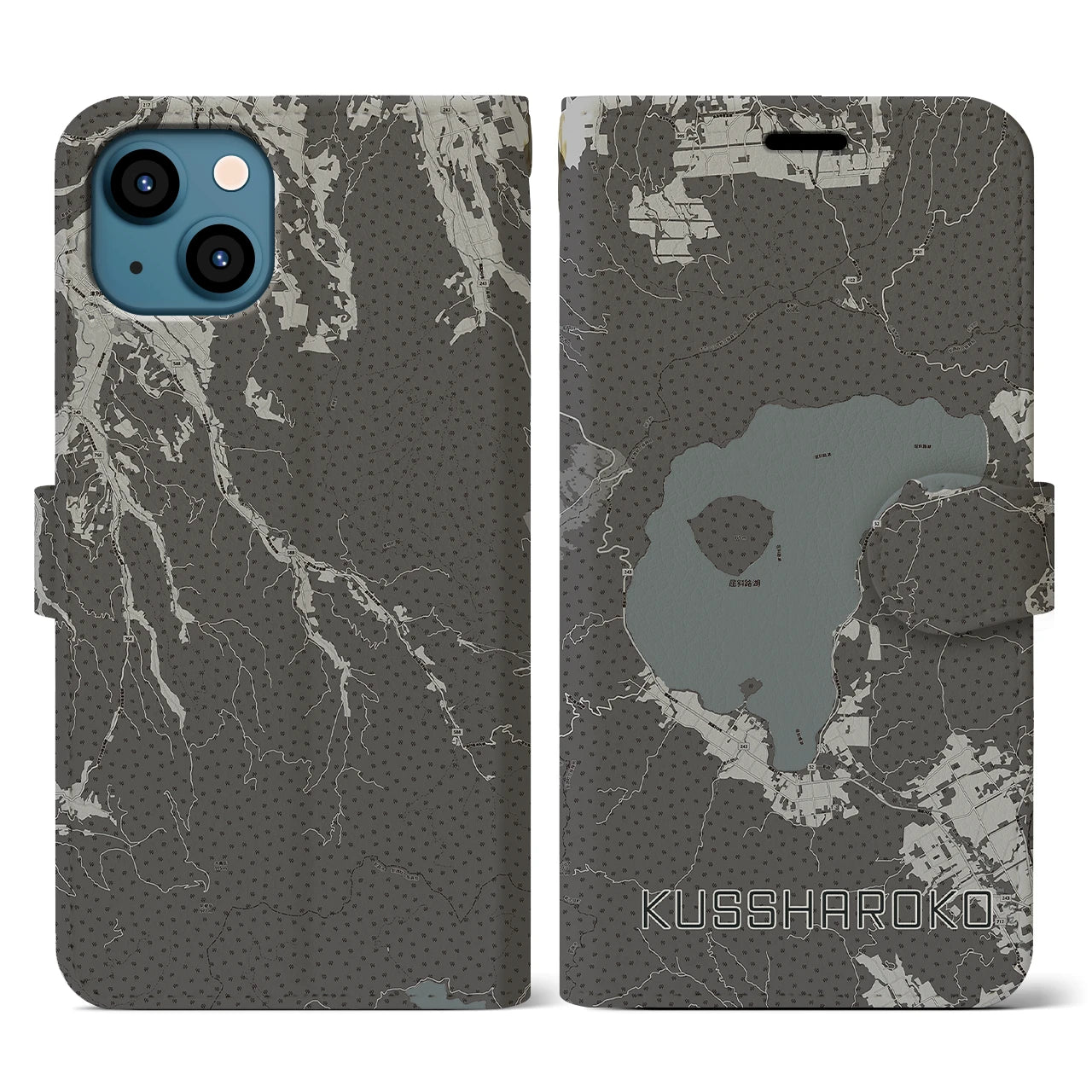 【屈斜路湖(北海道)】地図柄iPhoneケース(手帳タイプ)モノトーン・iPhone 13 用