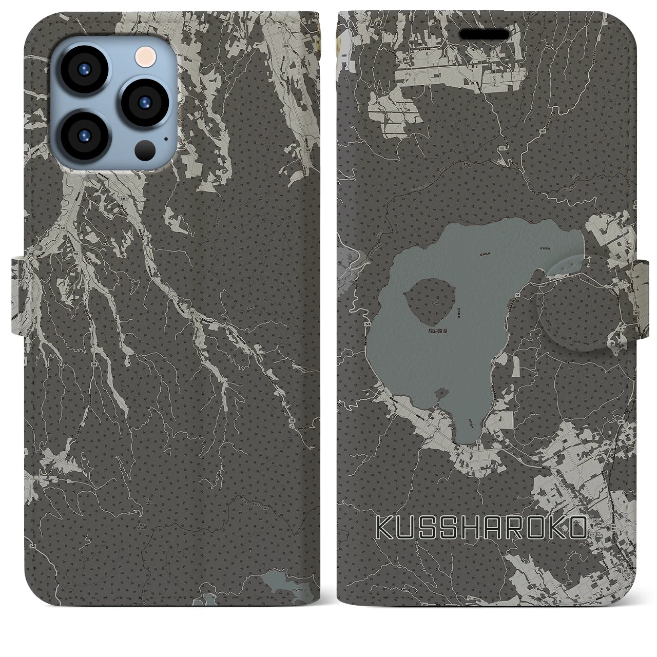 【屈斜路湖(北海道)】地図柄iPhoneケース(手帳タイプ)モノトーン・iPhone 13 Pro Max 用